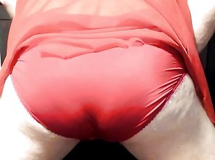 Sissy masturbating in red panties and lingerie