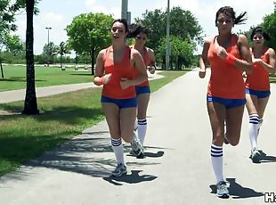 Gym class means a hot lesbian group sex outdoors