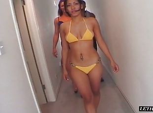 Cowgirl in bikini yells while her anal is pounded hardcore in ffm porn