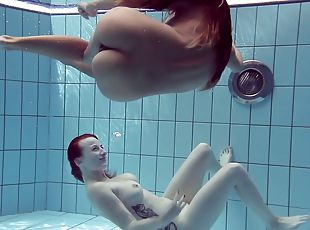 russo, lésbicas, caebça-vermelha, natural, piscina