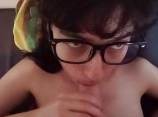 GF in glasses gives me a blowjob. I came on her face