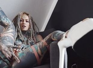 big SQUIRT from Tattoo girl in High heels - hard ANAL strech - ATM, big dildos, GAPE, prolapse play