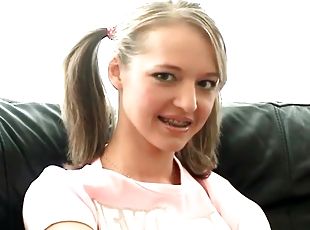 British teen in pigtails and braces strips solo