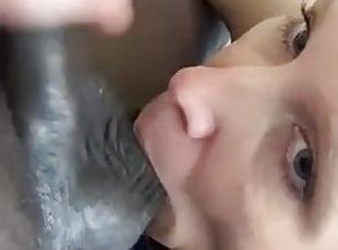 Licking and sucking his black balls makes me so wet