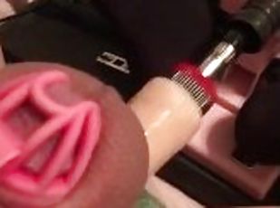 Sissy Michelle cums in chastity cage from fuck machine