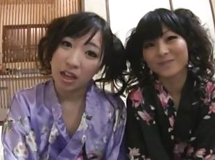 Two hot Japanese babes in kimonos get fucked hard
