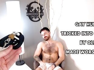Gay humiliation - tricked into chastity by old bully & made worship cock
