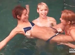 Pool lesbian fun with naked playful Natasha