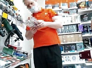 exhibitionist wife teasing the seller in store see-through top