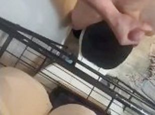 Straight nerdy stud stroking Cock to completion in bathroom