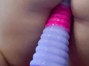 Pawg gets new fantasy toy and stretches her pussy on it! Cums and keeps riding!
