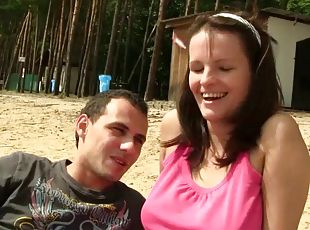Alluring amateur brunette giving fancy titjob before getting her shaved pussy nailed in close up shoot outdoor