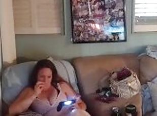 Sexy busty chick in nightgown playing Fortnite