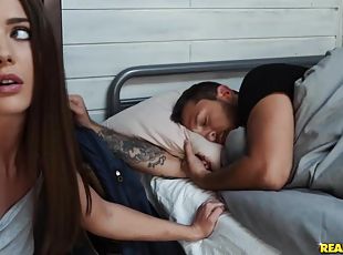 A slutty girlfriend fucks a stranger in the hostel while her BF sleeps