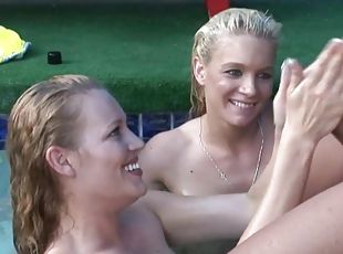Pool side handjob 3some and sensual wank from 2 hot busty chicks