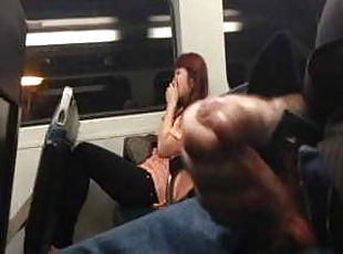 Asian woman laughs at the guy who jerks off on the train