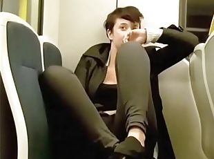 Short haired chubby teen masturbates in public transport