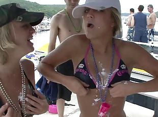 Endearing babes with natural tits in bikini enjoying beach party outdoor