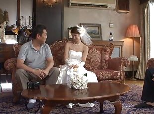 Japanese bride enjoys her hairy pussy fingered then sucks cock