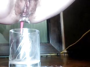 Hairy oozing pussy and dildo in asshole