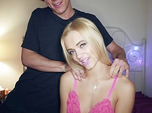 Teen in a pretty pink baby doll makes a sex tape with her man