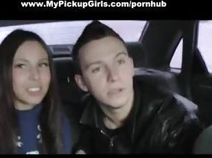 Very pretty girl has threesome in the car