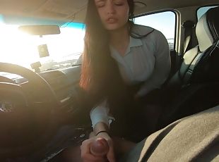 Quick blowjob with swallow in the car near the road