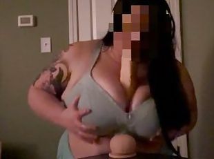 Mommy titfucks and sucks HUGE dildo in bra