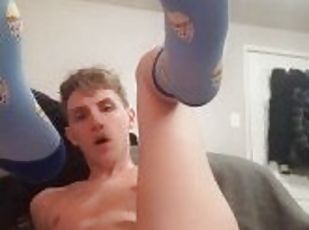 Horny twink slut with socks fucks his hole until it gapes!