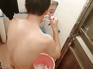 asiatisk, pappa, masturbation, gigantisk-kuk, gay, knubbig, toalett, webbkamera, ensam, kinesisk