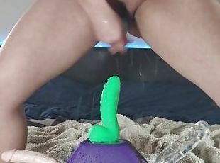 riding the green monster dildo with a big squirt