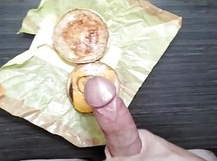 Cumming on cheeseburger, who's hungry?