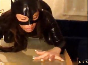 Brunette milf dressed in a latex catsuit throat mounts her mans chunky prick and then jerks