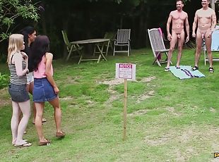 Horny sluts and hung guys have an orgy in backyard