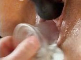 Wet Pussy Fucked with Clear Dildo & Clit Sucker