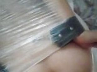 Milf wrapped in stretch film and handcuffed was fucked hard in the ass