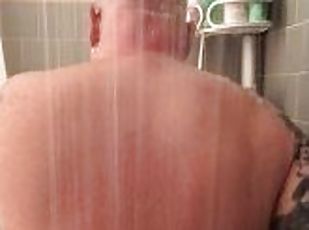 Chubby Tattooed Man Showering