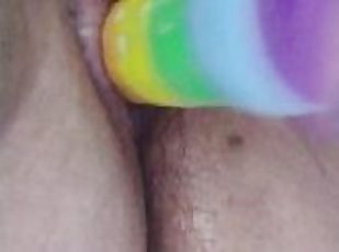 Close up POV using my rainbow dildo to make my pussy creamy