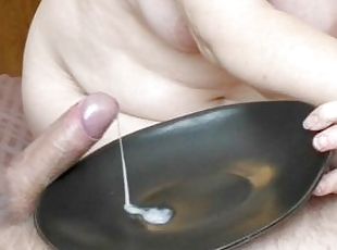 Male nipple teasing and massive handsfree cumshot on a plate