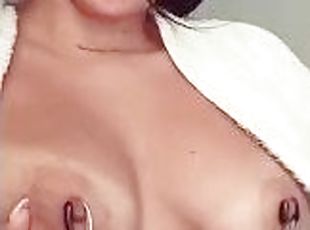College girl with nipple shields masturbates for her teacher.