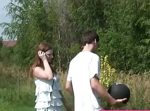 Busty pale teenager fucked outdoors