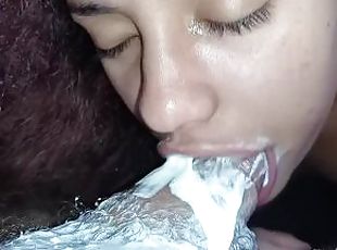 she sucks my creampie-smeared cock until I ejaculate again with her big mouth to the hilt