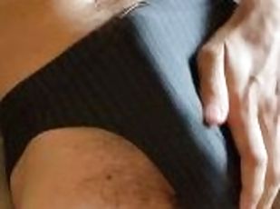 Fit young guy with tight briefs playing with his dick and cumming on his belly