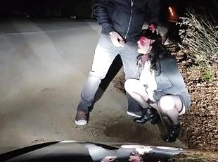 Piss Whore in dog collar receives golden shower and hot cum in her mouth in a public road interrupte