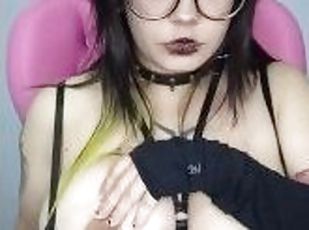 Big Titty Goth Girl with glasses oils and massages her huge tits
