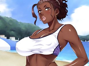 Busty black chick drools on a delicious cock on the beach