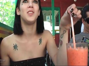 Pierced and tattooed goth girl naked in car