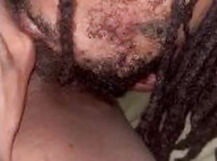 Light skin dread with face tattoos drinks Ebony hair salon manager’s wet pussy