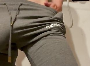 Huge cock bulge in gym pants. Masturbation with anal Play and cumshot