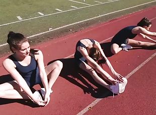 Naughty girls film themselves having lesbian fun after running on a track